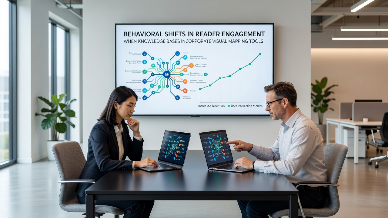 Analytics dashboard overlay on a knowledge base highlighting engagement metrics for visual mapping features versus text-only sections
